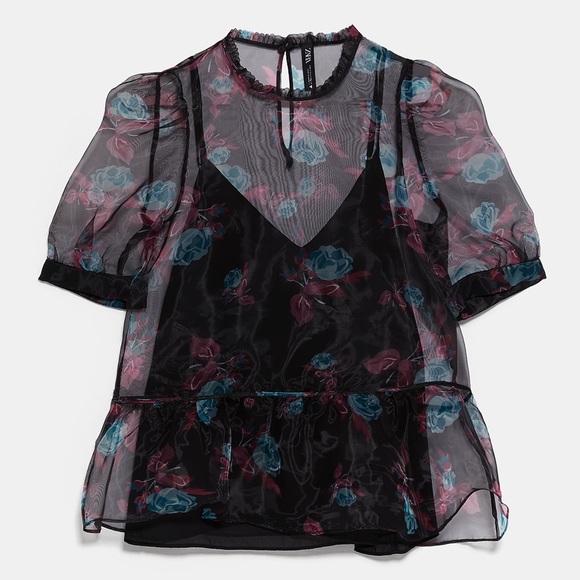 Zara PRINTED ROSE ORGANZA SEMI-SHEER BLOUSE PEPLUM - Picture 8 of 8